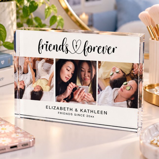 Best Friends Script Photo Collage Block (An elegant friends forever 3 photo block. Personalize it with your names)