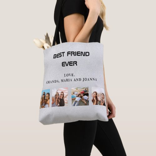 Best friends silver photo collage names tote bag
