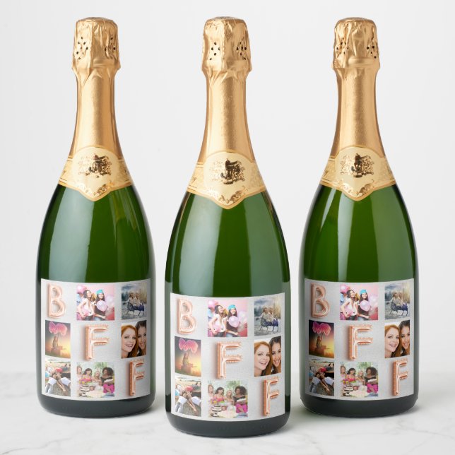 Best friends silver rose gold photo collage BFF Sparkling Wine Label (Bottles)