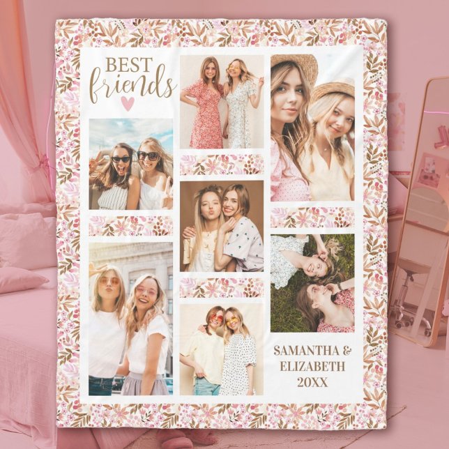 Best Friends Stylish BFF Friendship Pink Photo Fleece Blanket (A pretty floral 7 photo best friends blanket. personalize it with your names and photos.)