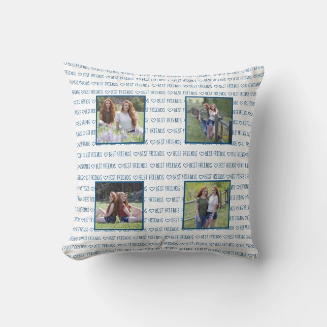 Best Friends Stylish Blue Friendship Photo Collage Throw Pillow (Front)