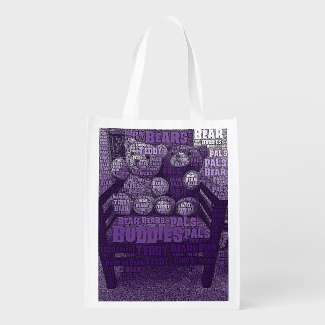 Best Friends Typography Collage Purple Teddy Bear Grocery Bag (Back)