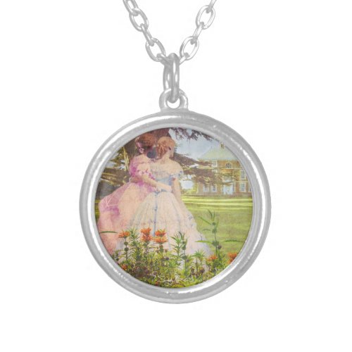 Best Friends Vintage Girls Walking in the Garden S Silver Plated Necklace