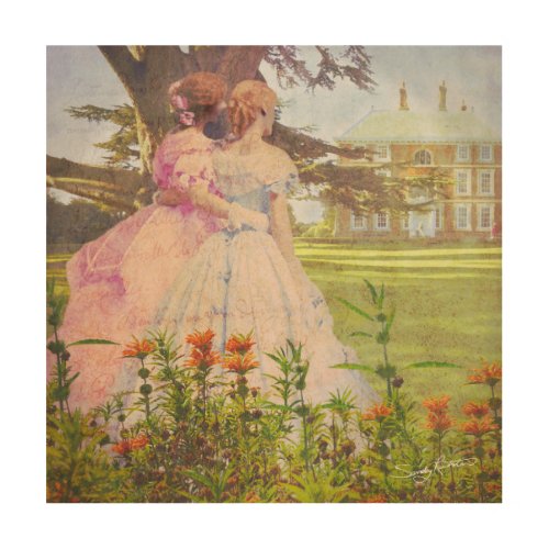 Best Friends Vintage Girls Walking in the Garden W Wood Wall Art