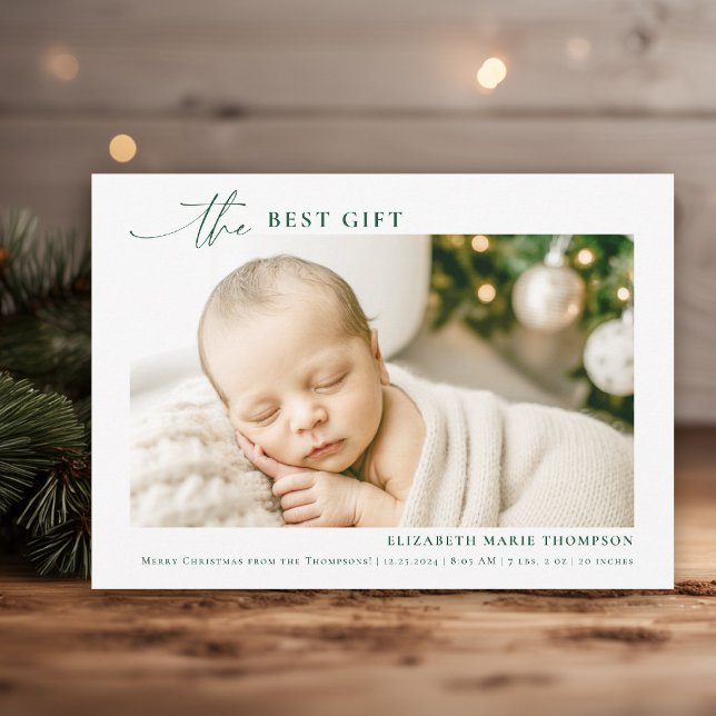 Best Gift Minimalist Forest Green Christmas Baby Announcement (christmas baby announcement the best gift from above minimalist simple photo calligraphy green)