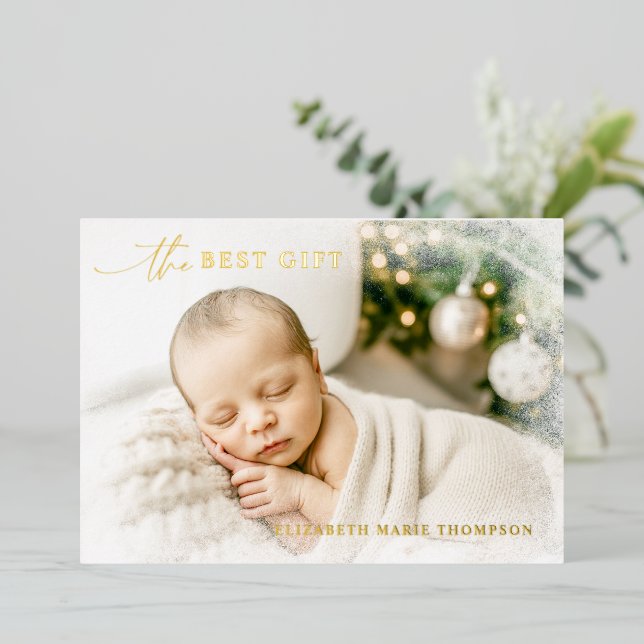 Best Gift Snow Vignette Full Photo Christmas Baby Foil Invitation (Standing Front)