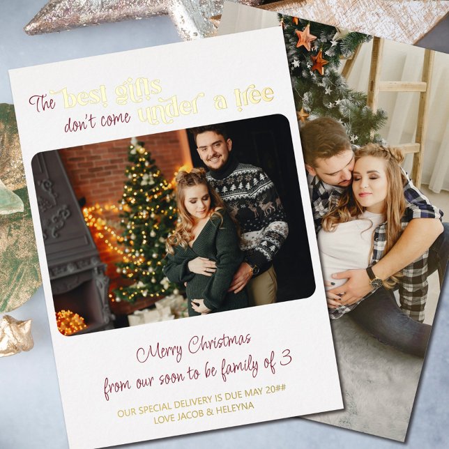 Best Gifts Family of 3 Christmas Pregnancy 2 Photo Foil Holiday Card (Creator Uploaded)