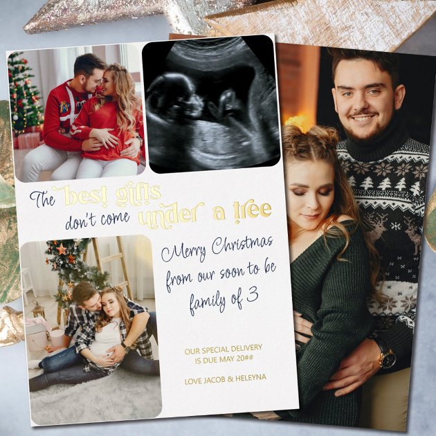 Pregnancy christmas card - Pink Dramatic personalized gifts for you Best gifts family of 3 christmas pregnancy 4 photo foil holiday card