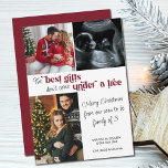 Best Gifts Family of 3 Photo Christmas Pregnancy Holiday Card<br><div class="desc">Christmas Card Pregnancy Announcement with simple photo and ornate typographic design. "The best gifts don't come under a tree .. Merry Christmas from our soon-to-be family of 3" is lettered in modern contemporary lettering and the photo template is set up for you to add 3 photos. You can also add...</div>