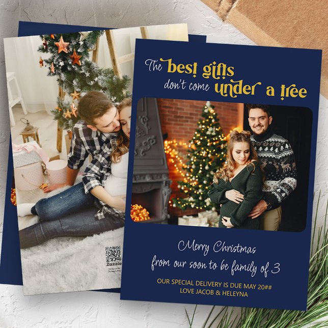 Best Gifts Family of 3 Two Photo Blue Pregnancy Holiday Card (Holiday Card Pregnancy Announcement with 2 photos)