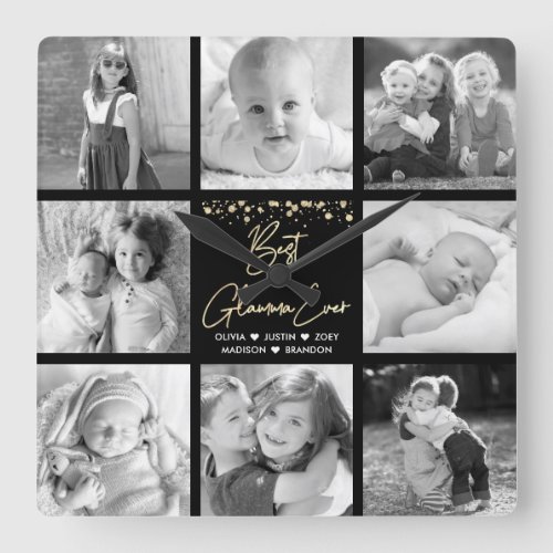 Best Glamma Ever 8 Photo Collage Gold Glitter Chic Square Wall Clock