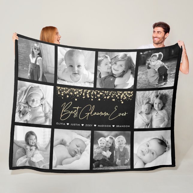 Best Glamma Ever Gold Glitter 10 Photo Collage Fleece Blanket (In Situ)