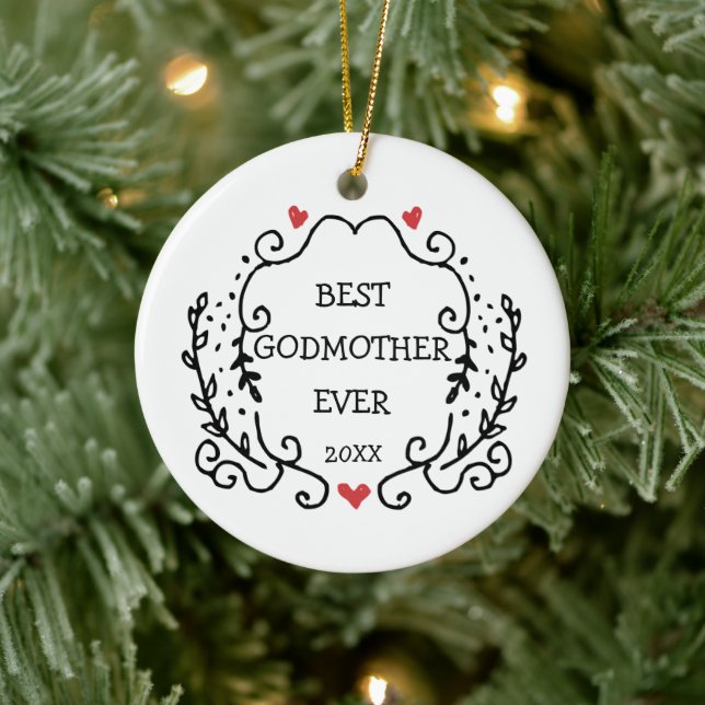 Best Godmother Ever Personalized Line Art Greenery Ceramic Ornament (Tree)