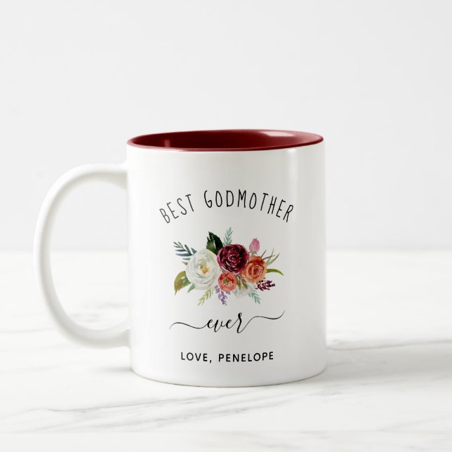 Best Godmother Ever | Trendy Burgundy Boho Floral Two-Tone Coffee Mug (Left)