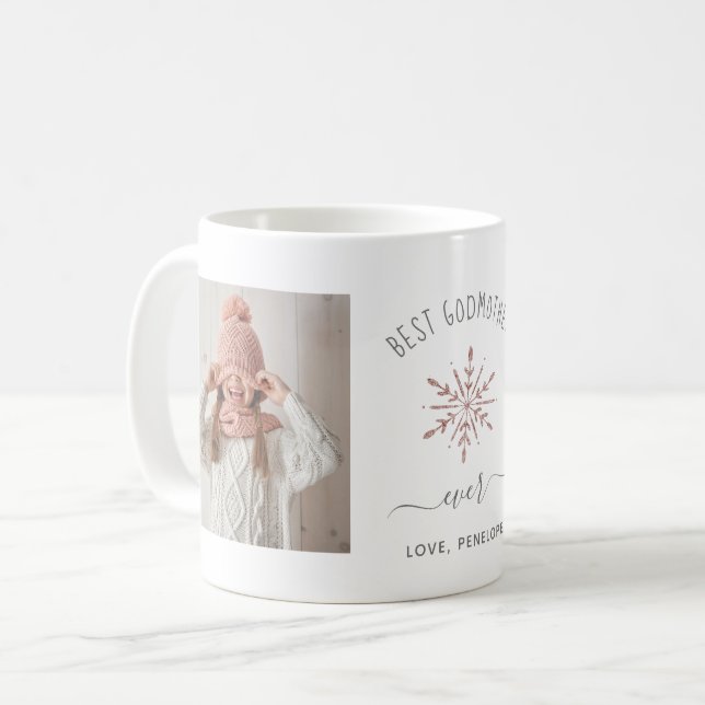 Best Godmother Ever Two Photo Rose Gold Snowflake Coffee Mug (Front Left)