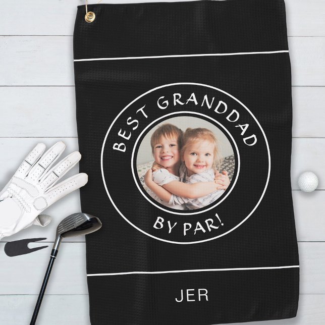 Best Granddad By Par Golfer Modern Photo Black Fun Golf Towel (Creator Uploaded)