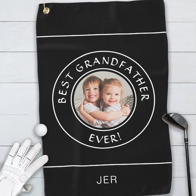 Best Grandfather Ever Golfer Cute Photo Gift Black Golf Towel (Creator Uploaded)