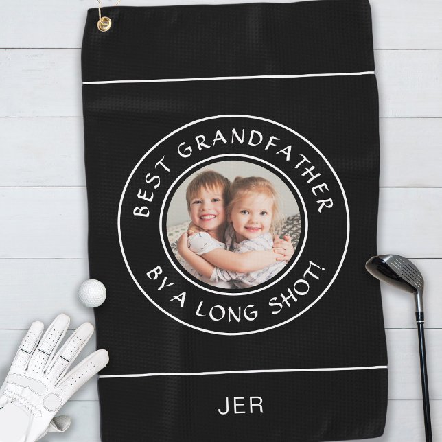 Best Grandfather Golfer Funny Photo Gift Black Golf Towel (Creator Uploaded)