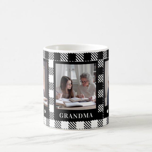 Best Grandma 3 Photo Black White Plaid Mug (Center)