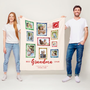 Best Grandma 9-Photo Vintage Stamp Beige Christmas Fleece Blanket