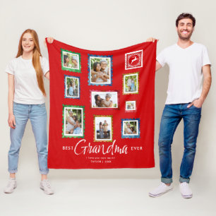 Best Grandma 9-Photo Vintage Stamps Red Christmas Fleece Blanket