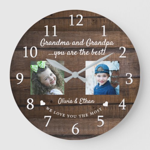 Best Grandma and Grandpa Grandkids 2 Photo Wood  Large Clock