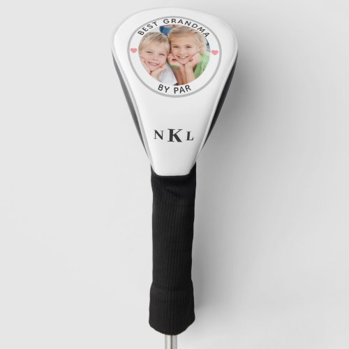 BEST GRANDMA BY PAR Photo Monogram Initials Heart Golf Head Cover - For the special golf-enthusiast grandmother, create a unique photo golf head cover with the editable title BEST GRANDMA BY PAR with cute pink hearts and personalized with a photo and her monogram. PHOTO TIP:  For fastest/best results, choose a photo with the subject in the middle and/or pre-crop it to a square shape BEFORE uploading. CHANGES:  Change the text font style, color, size and placement by clicking on CUSTOMIZE FURTHER. Contact the designer via Zazzle Chat or makeitaboutyoustore@gmail.com if you'd like this design modified or on another product.