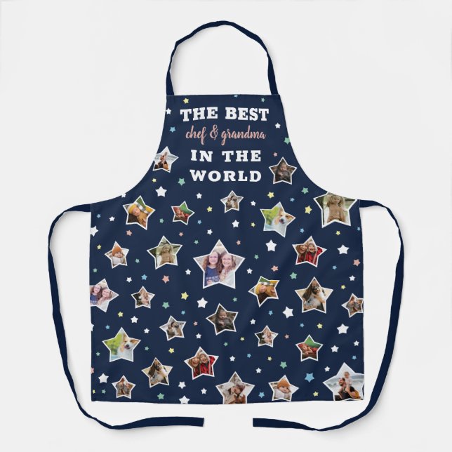 Best Grandma & Chef Dark Blue Star Shaped Photos Apron (Front)