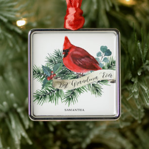Best Grandma Christmas Red Cardinal Name Metal Ornament