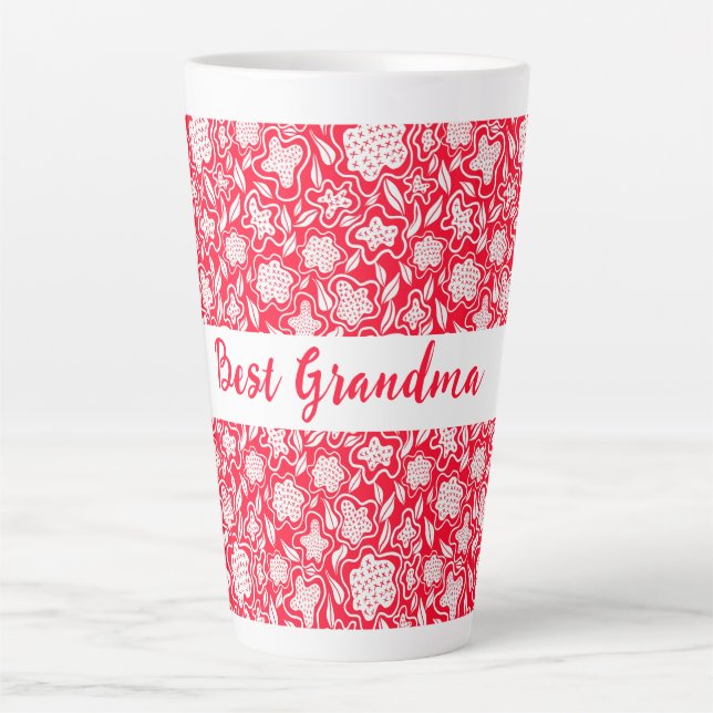  Best Grandma Cross Stitch Look Red White Floral   Latte Mug (Front)