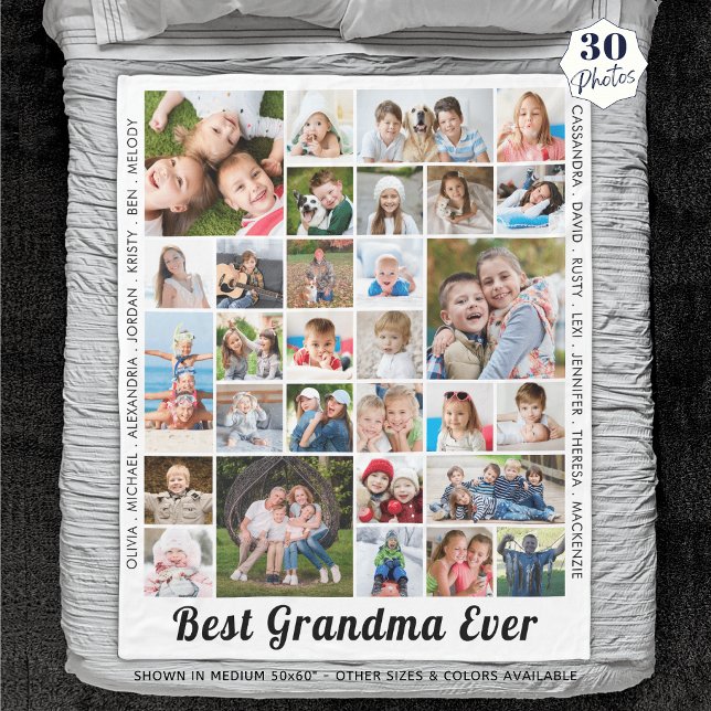 BEST GRANDMA EVER 30 Photo Collage Personalized Fleece Blanket (Creator Uploaded)