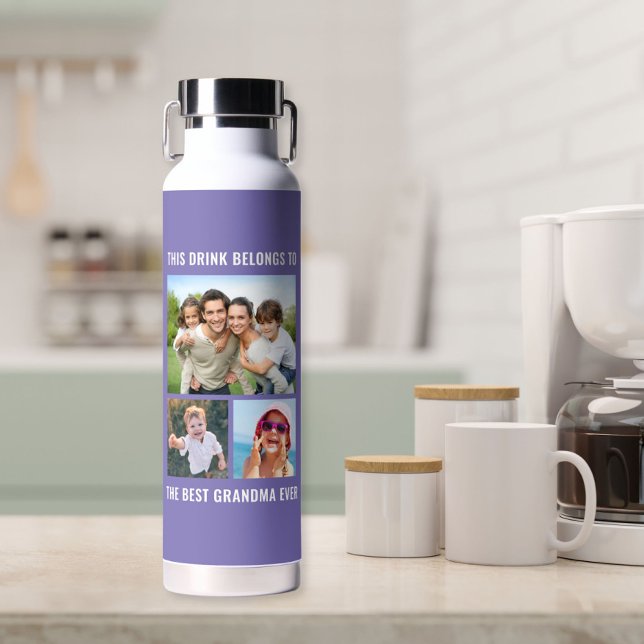Best Grandma Ever 3 Photo Purple Water Bottle (Creator Uploaded)