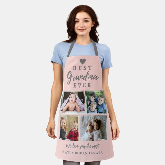 Best Grandma Ever 4 Photo Collage Gray Pink Apron (Worn)