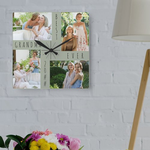 Best Grandma Ever 4 Photo Collage Green Square Wall Clock
