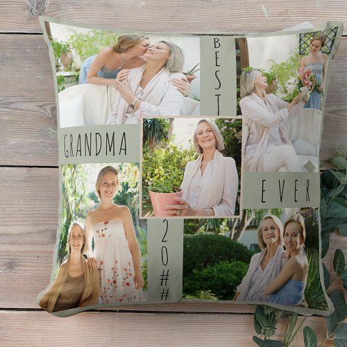 Best Grandma Ever 5 Photo Collage Green Throw Pillow