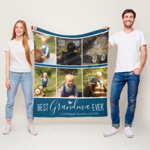 Best Grandma Ever 6 Photo Collage Blue Fleece Blanket