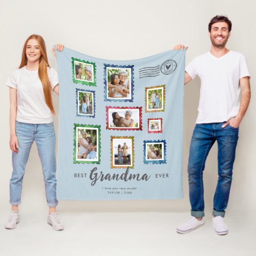 Best Grandma Ever 9-Photo Vintage Stamp Ice Blue Fleece Blanket