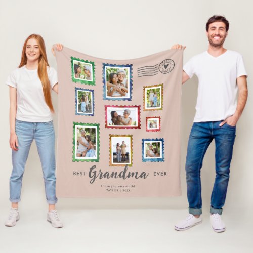 Best Grandma Ever 9-Photo Vintage Stamp Rosewood Fleece Blanket