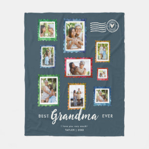 Best Grandma Ever 9-Photo Vintage Stamp Slate Blue Fleece Blanket