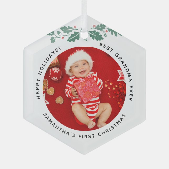 Best Grandma Ever Baby Photo Glass Ornament (Front)