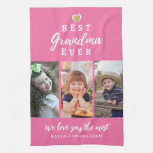 Best Grandma Ever Custom 3 Photo Kids Names Pink Kitchen Towel