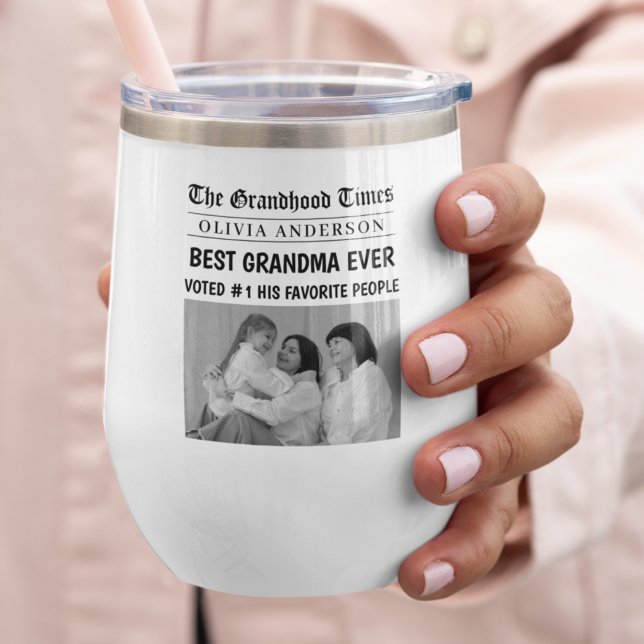 Best Grandma Ever Custom Photo Newspaper Headline  Thermal Wine Tumbler (Creator Uploaded)