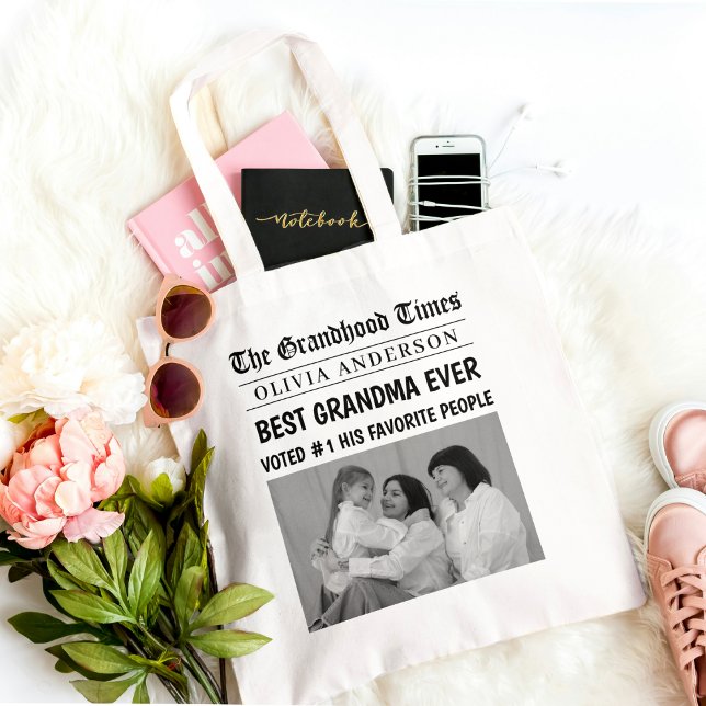Best Grandma Ever Custom Photo Newspaper Headline  Tote Bag (Creator Uploaded)