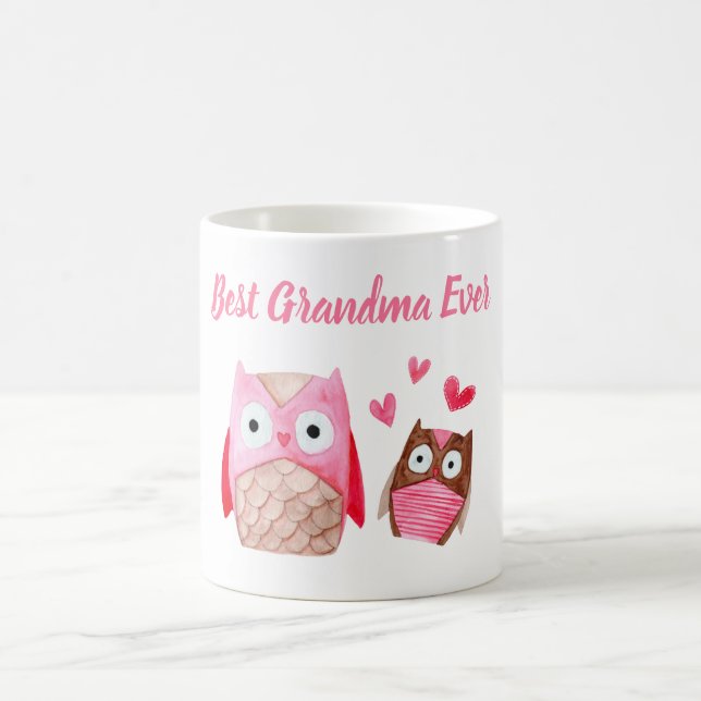 Best Grandma Ever Cute Owls Personalized Pink Coffee Mug (Center)