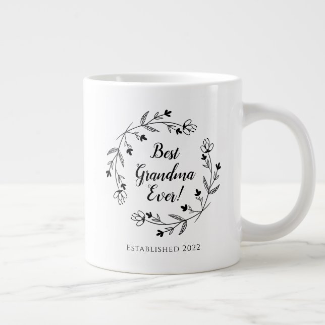 Best Grandma Ever Family Floral Wreath Year Black  Giant Coffee Mug (Right)