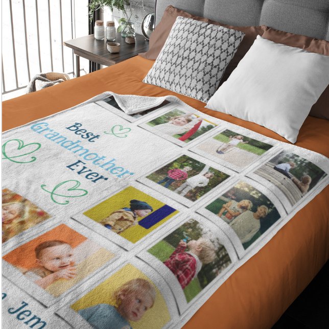 Best Grandma Ever Family Photo Collage Fleece Blanket (Best Grandma Ever fleece photo blanket with custom text)