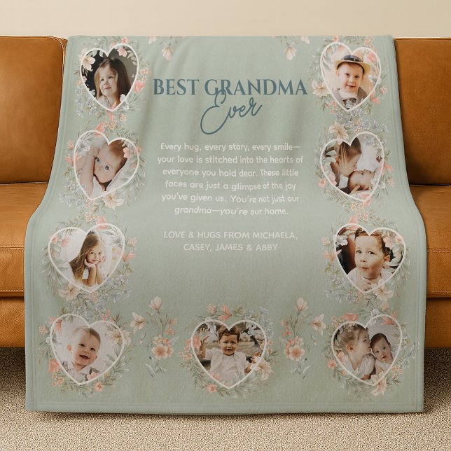 Best Grandma Ever Floral Heart Photos Gift Fleece Blanket (Creator Uploaded)