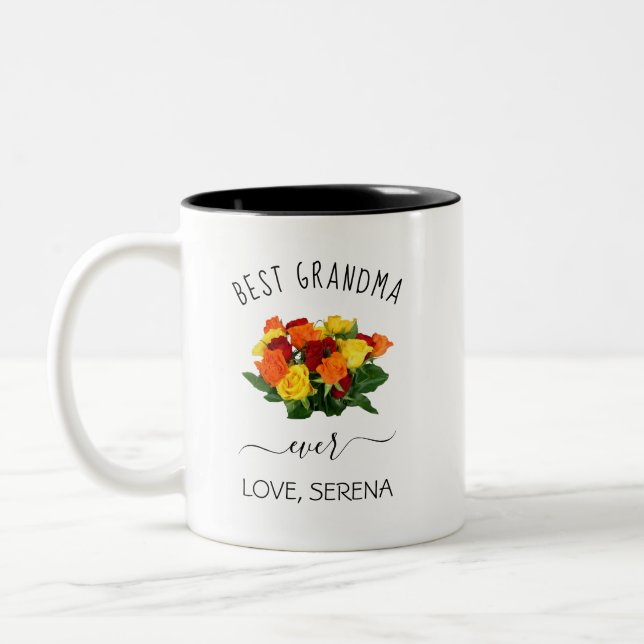 Best Grandma Ever, Floral Modern Trendy Two-Tone Coffee Mug (Left)