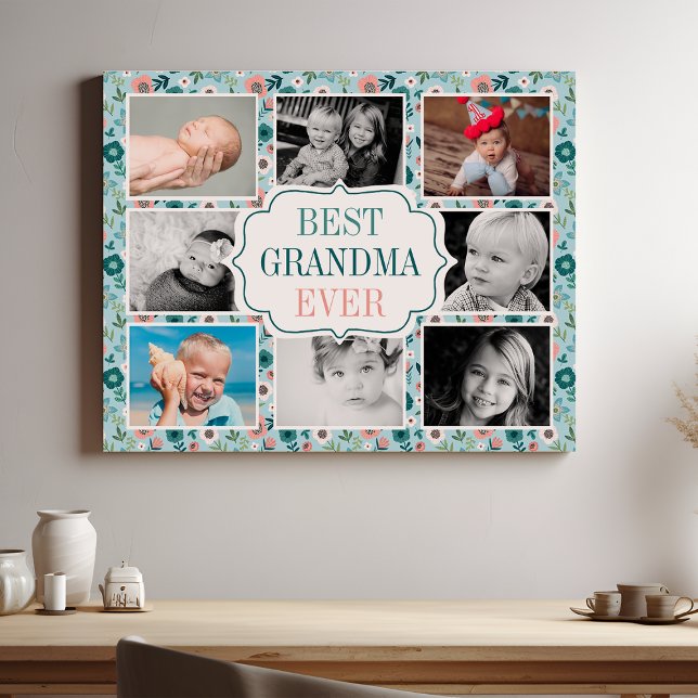 Best Grandma Ever Floral Photo Collage Faux Canvas Print (Creator Uploaded)
