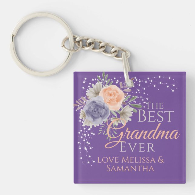 Best Grandma Ever Floral Purple Peony Rose Keychain (Front)